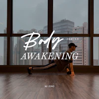 a woman doing yoga in front of a window with the words body awakening
